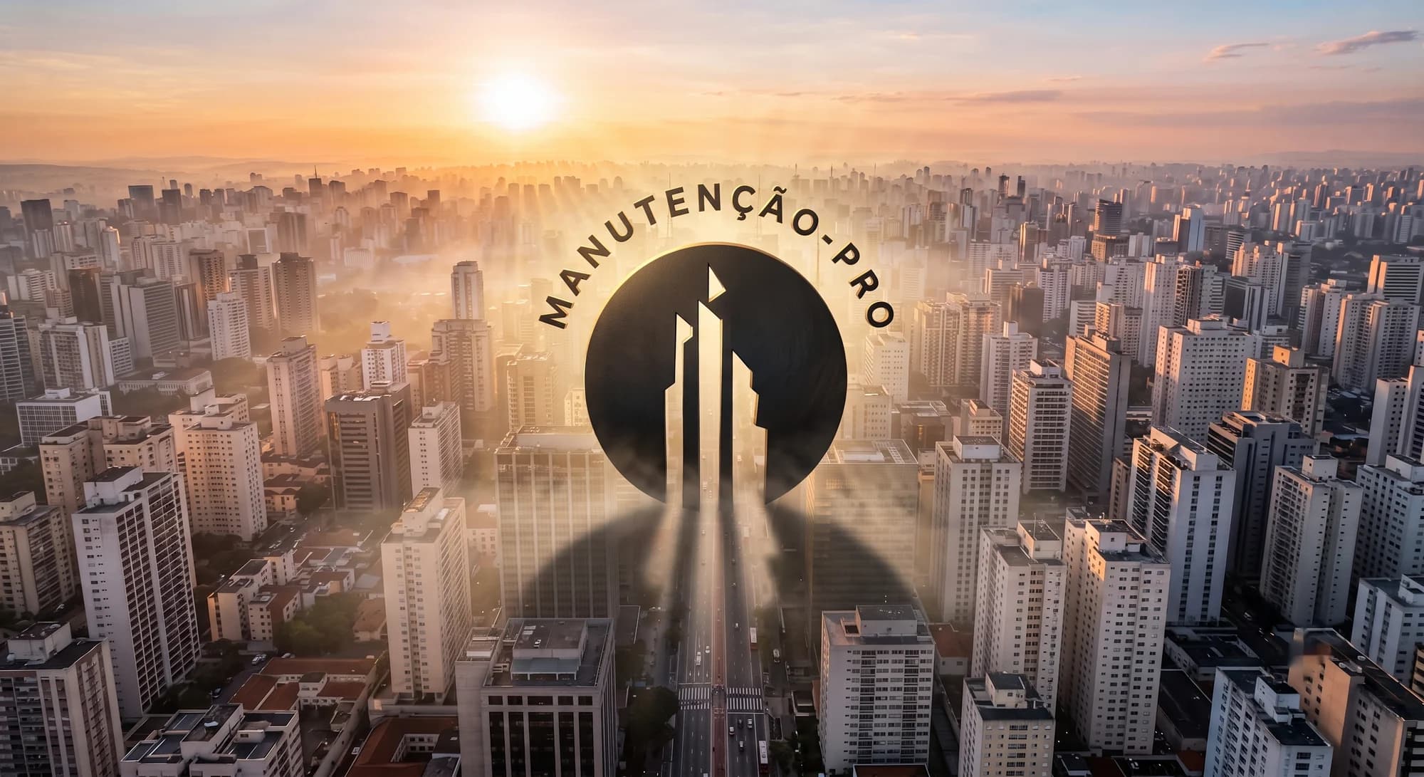 Vista aérea de São Paulo ao amanhecer com o selo da Manutenção Pro Engenharia