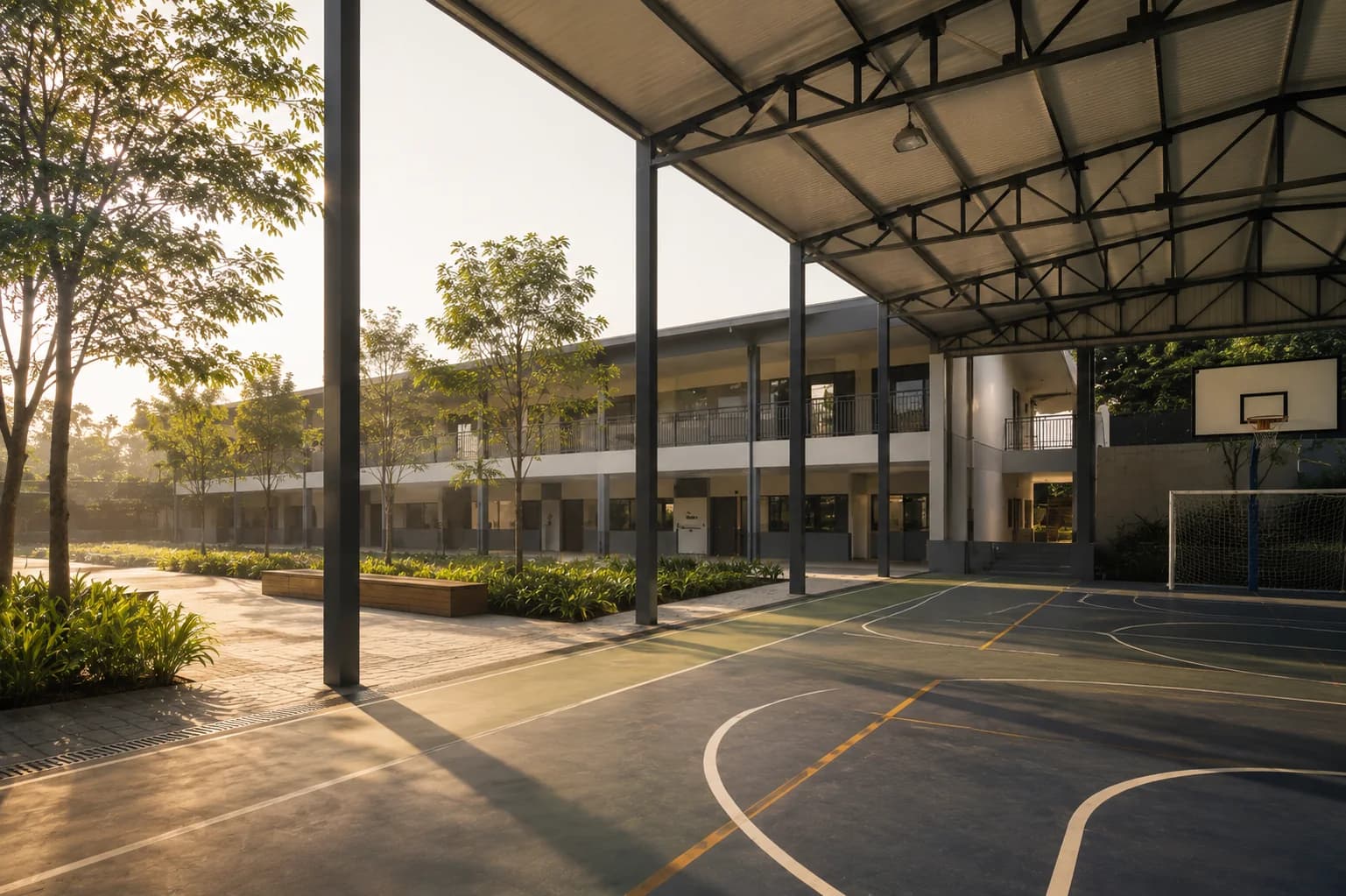 Pátio, fachada ou área esportiva de instituição de ensino (sem alunos)